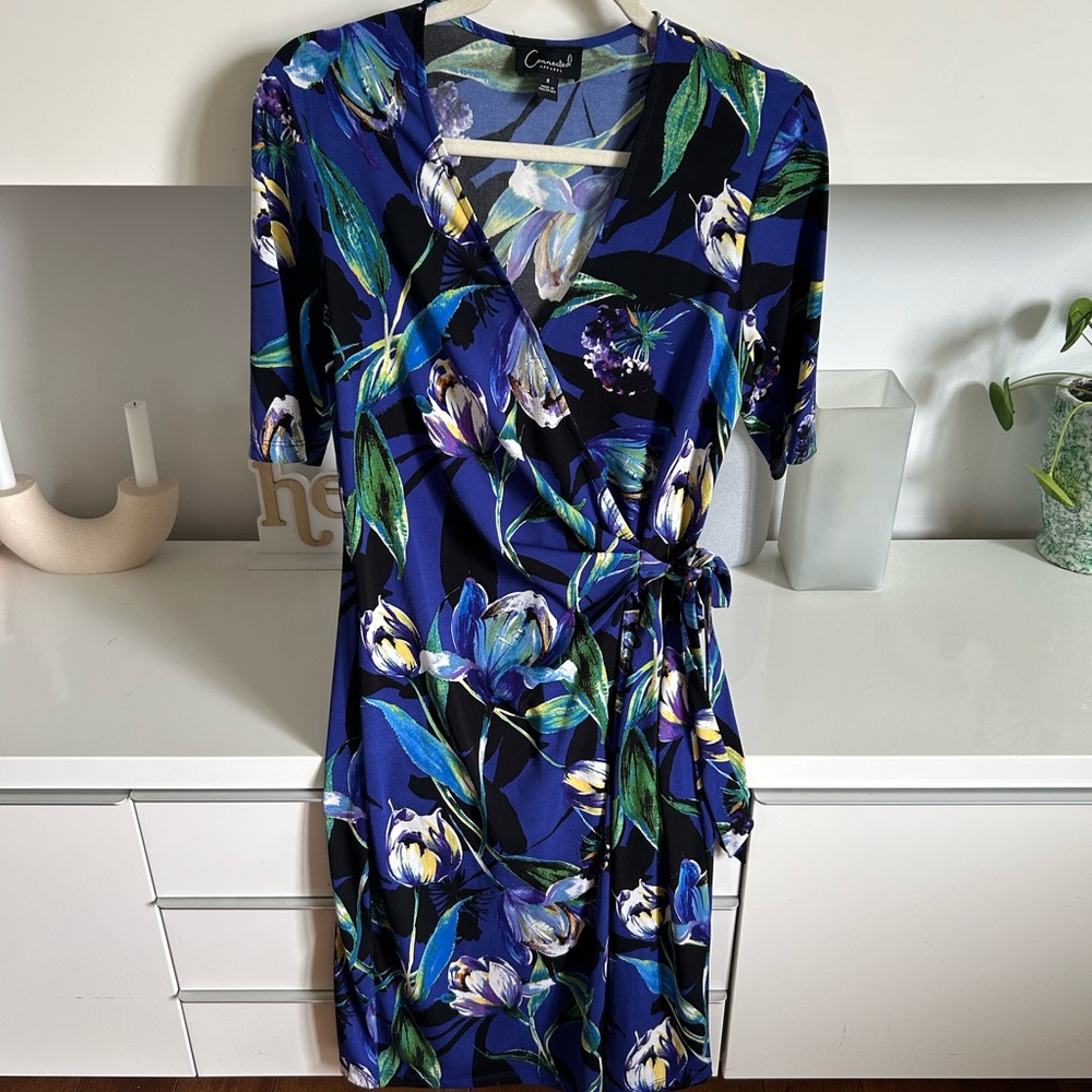 Connected Apparel Blue and Purple Sheath Dress V-Neck Midi